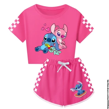 New Lilo And Stitch Women Summer Clothes Kids Summer Pajama Sets Teens Girls Short Sleeve T-shirt Pants 2Pcs Set Boys Pyjamas