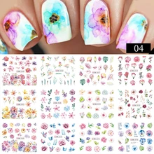  12Designs Geometry Letter Nail Water Decals Flower Leaf Slider Watercolor Ink Floral Silder Nail Sticker Manicure Decoration DIY 