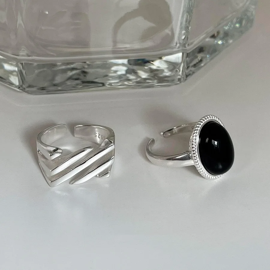925 Sterling Silver Geometric Black Stone Rings For Women Girl Korean Simple Adjustable Couple Jewelry silver rings silver ring
