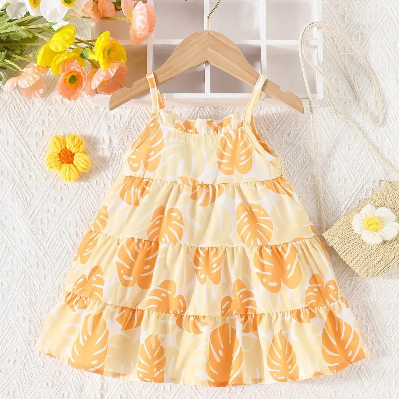 Girls Dress Summer Travel Holiday Dress Cute Baby Girl Beach Beach Holiday Dress Girl Halter Vest Leaf Pattern Cake