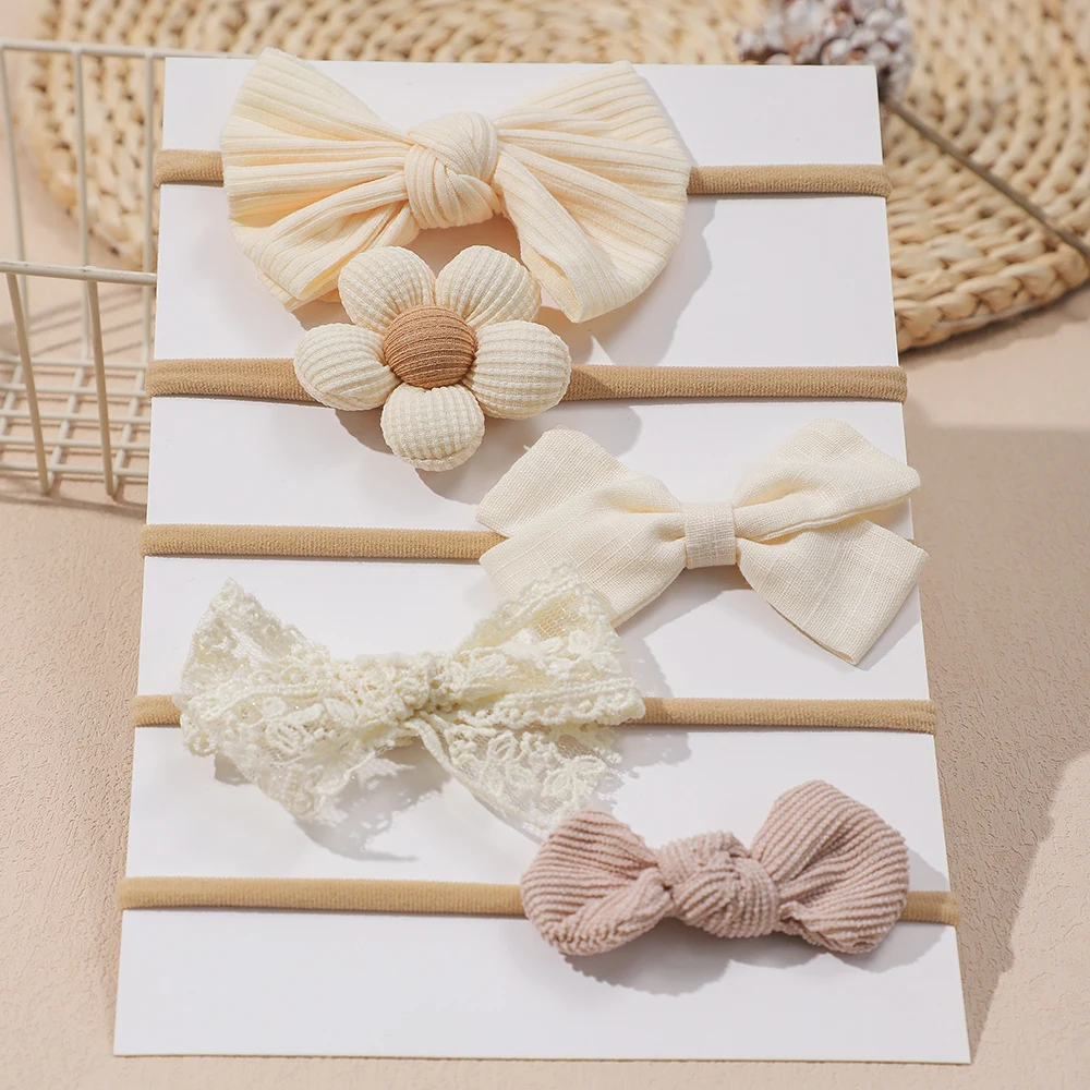 Baby Headband Set - 5Pcs Elastic Apricot Flower Bow Nylon Hair Accessories for Infants and Toddlers