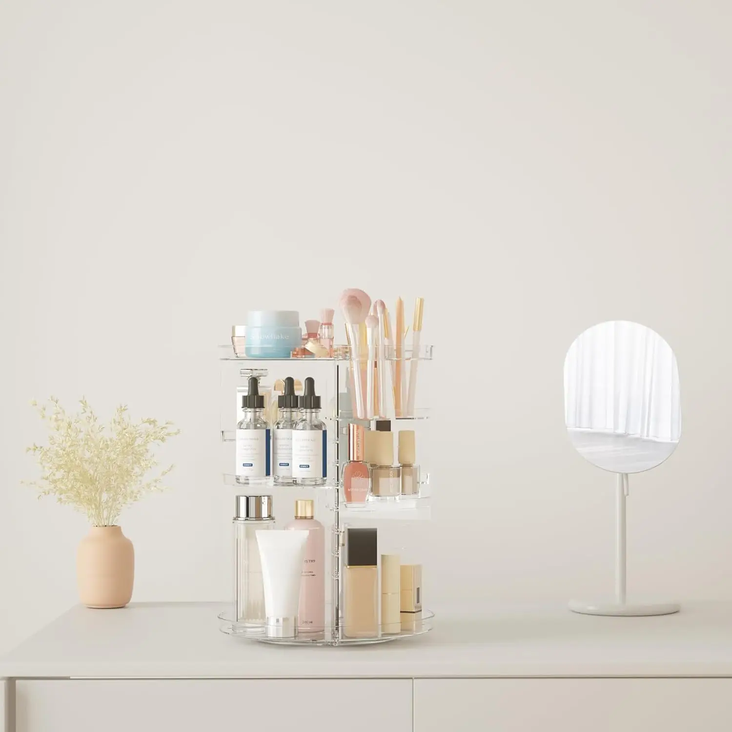Rotating Makeup Organizer, Adjustable Layers Spinning Skincare Organizer, Cosmetic Display Case with Brush Holder Perfume Tray 2