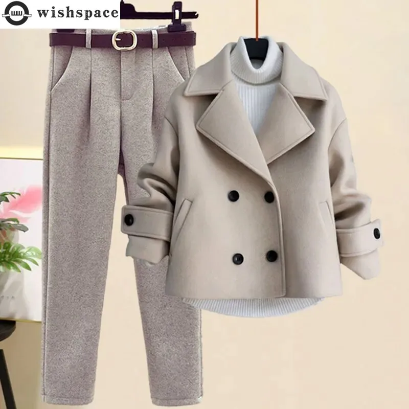 2023 Autumn Winter Wool Suit Jacket Jacket Long Sleeve Knitted Sweater Casual Trousers Three Piece Set Elegant Women's Pant Set high waist wide leg pants for women 100% merino wool solid trousers soft belt casual basic pants korean popular for winter sping