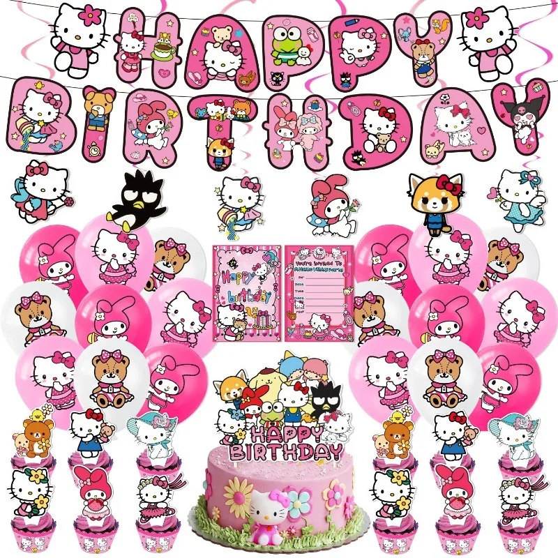 Sanrio Hello Kitty Decorazione Per Feste A Tema Pink Kitty Banner Cake Topper Balloon Invito Card Forniture Per Feste Di Compleanno Per Ragazze