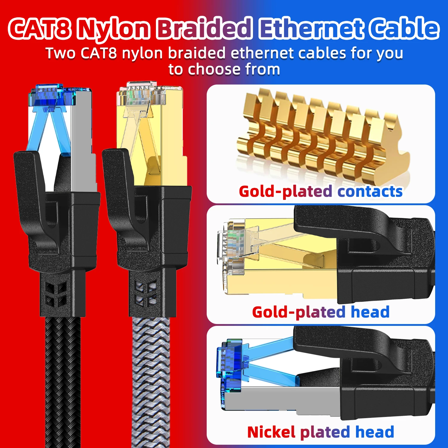 Premium High-Speed Nylon Braided Flat Ethernet Cable - CAT8, 40Gbps