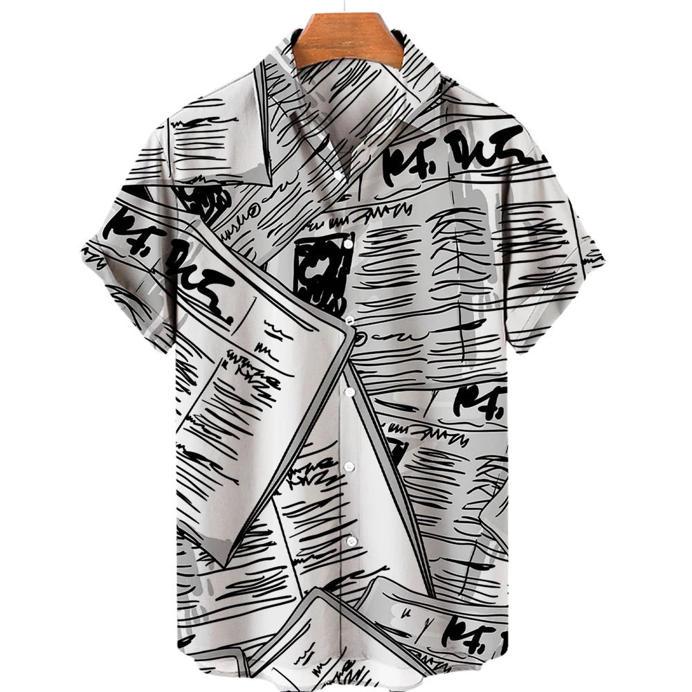 2023 Men's Vintage News Newspaper 3d Printed Lapel Hawaiian Shirt Casual Short Sleeve Men's Hip Hop Shirt 4