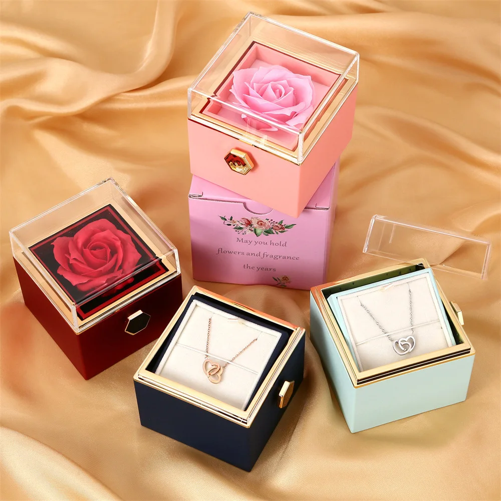 360 Degree Rotatable Preserved Real Rose Ring Box Necklace Jewelry