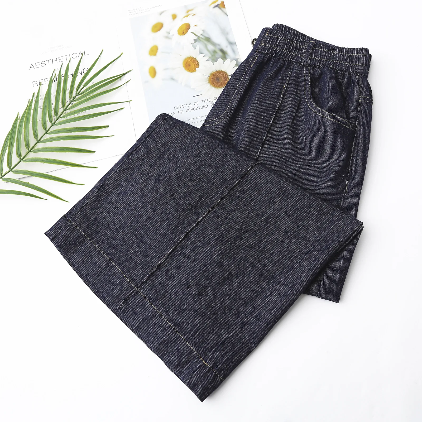 100KG Summer New Casual High Waiste Thin Lyocell Denim Capri Pants Plus Size Women Wide Leg Jeans 448