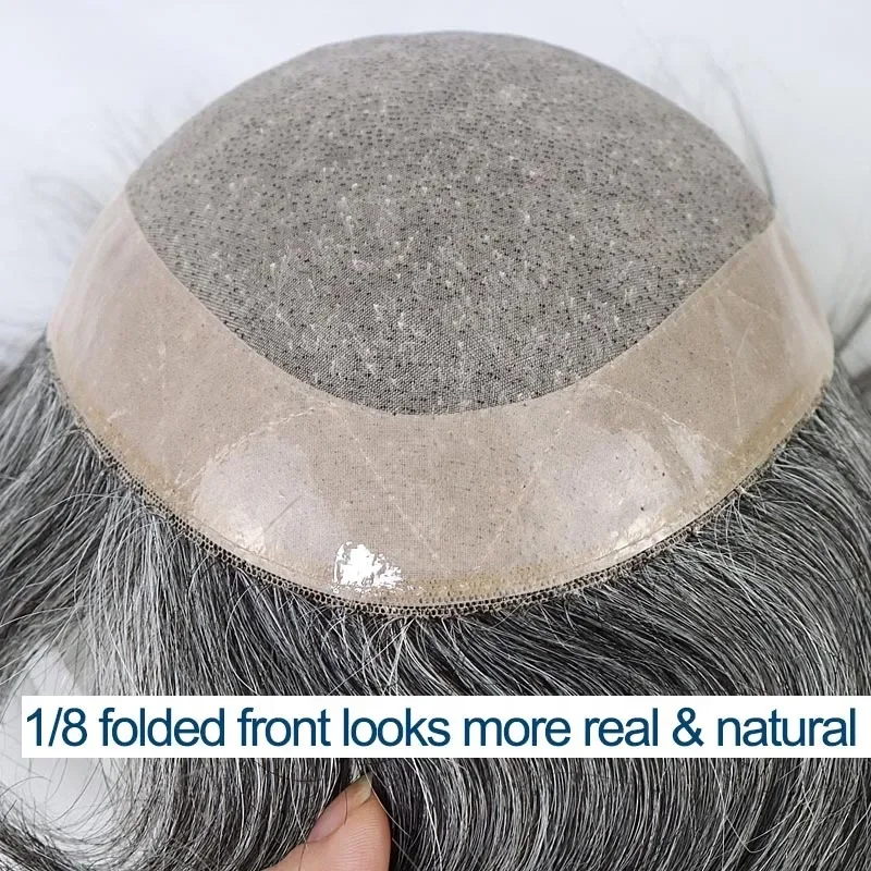Men Toupee Human Hair Mix Grey Hair Replacement System Prosthesis Welded Fine Mono With Npu Men Wig Toupee