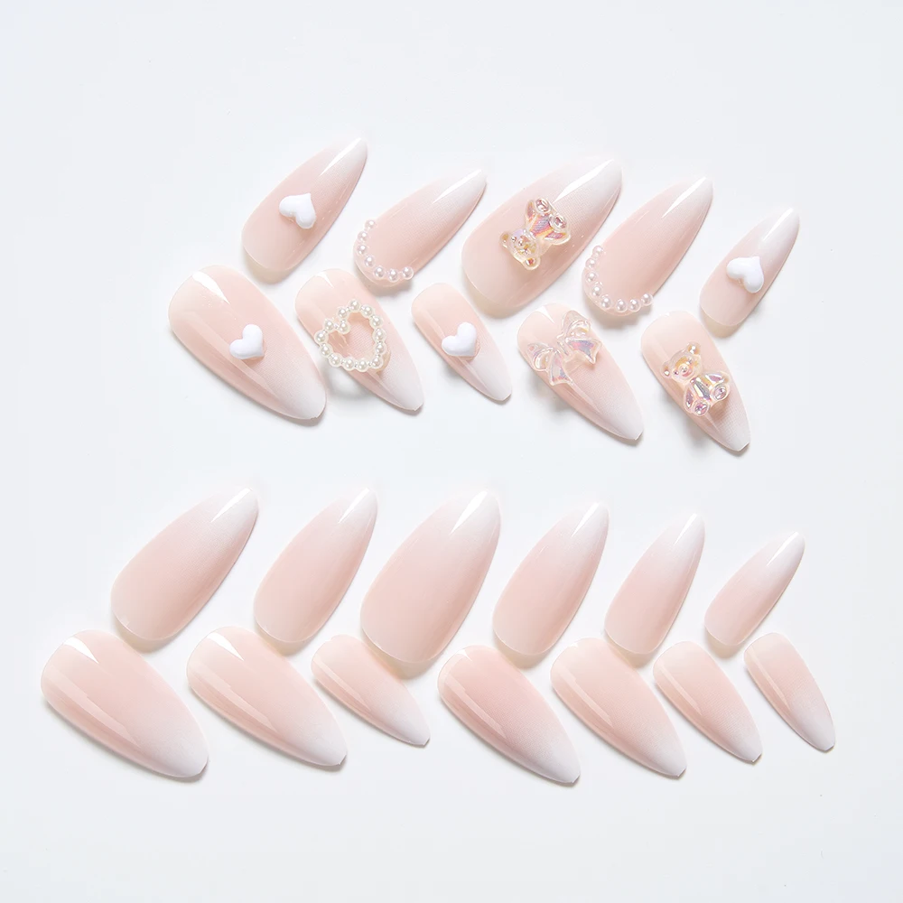 

24PCS Coffin Glossy Pink Fake Nails With Artificial Peal Design Heart Bear Shape False Nail Kits For Women Girls Valentine's Day