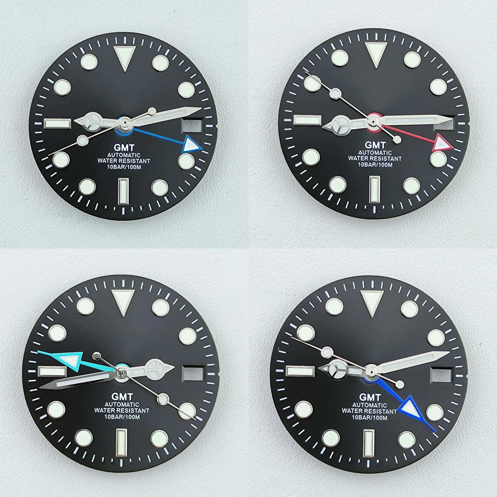 GMT NH34 무브먼트 모드 다이얼 교체 부품, 4 손 녹색 발광 시계 다이얼 페이스, NH35 NH34 다이얼 포인터