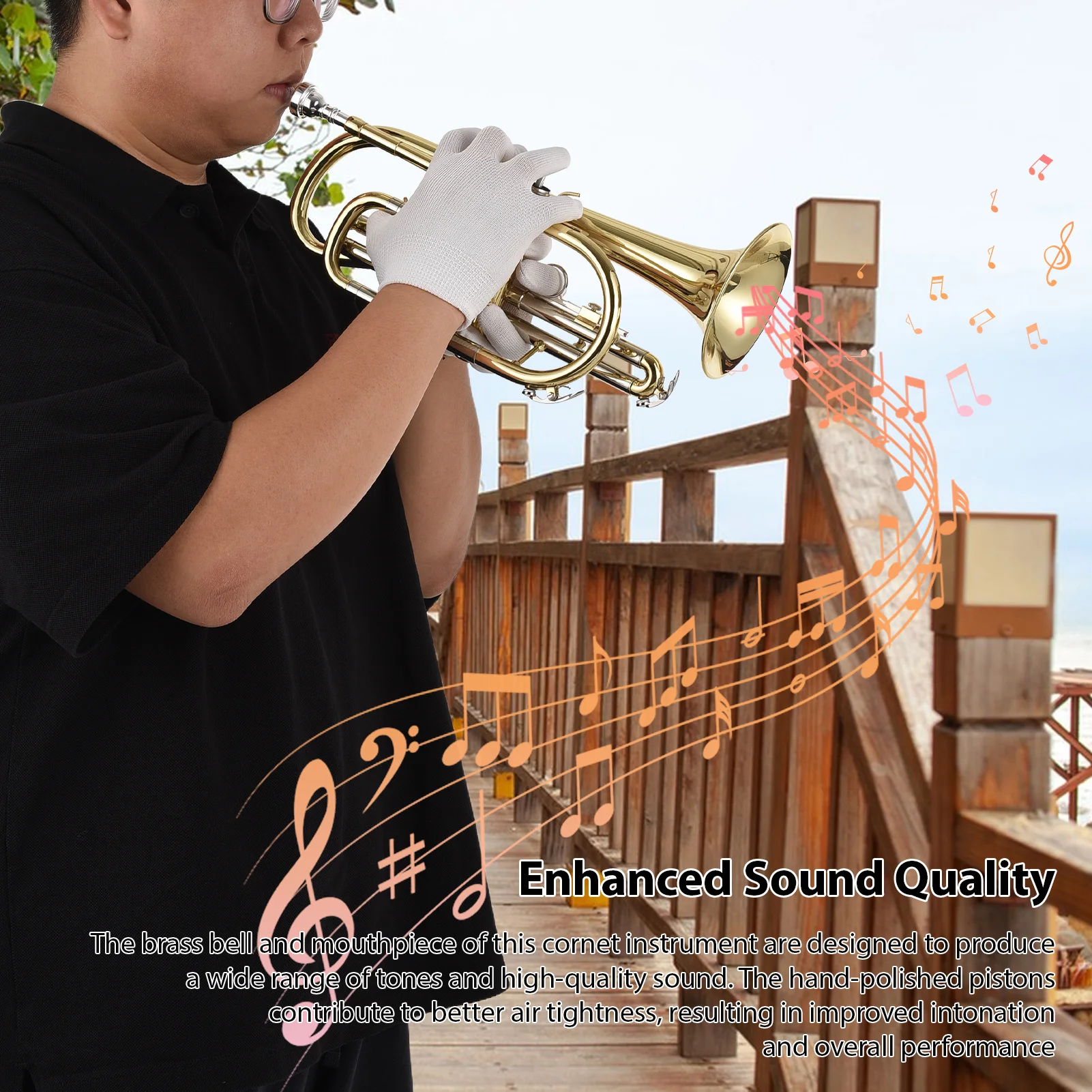 Bb Cornet Brass Instrument Surface Paint Gold Treatment Professional Brass Cornet with Carrying Case Accessories for Students