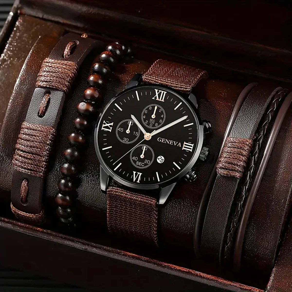 4pcs Quartz Watches Bracelet Watch Set For Men Business Fashion Casual Round Pointer Calendar Watch Accessories