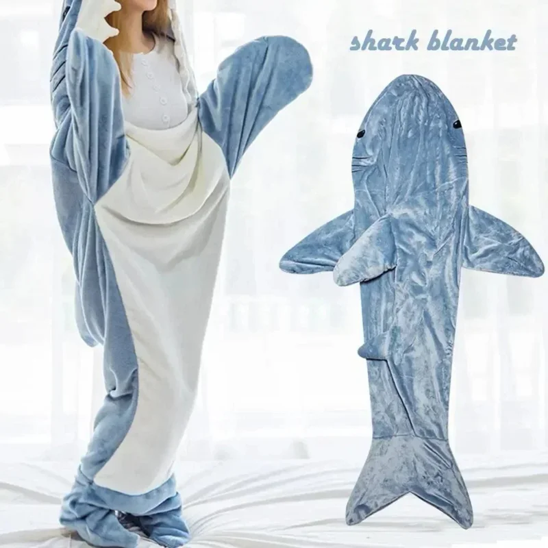 

Cartoon Sleeping Bag for Children and Adults, Blue and Gray Shark Blanket, Office Sleepwear, Plush Hoodie, Fish Costume, Cosplay