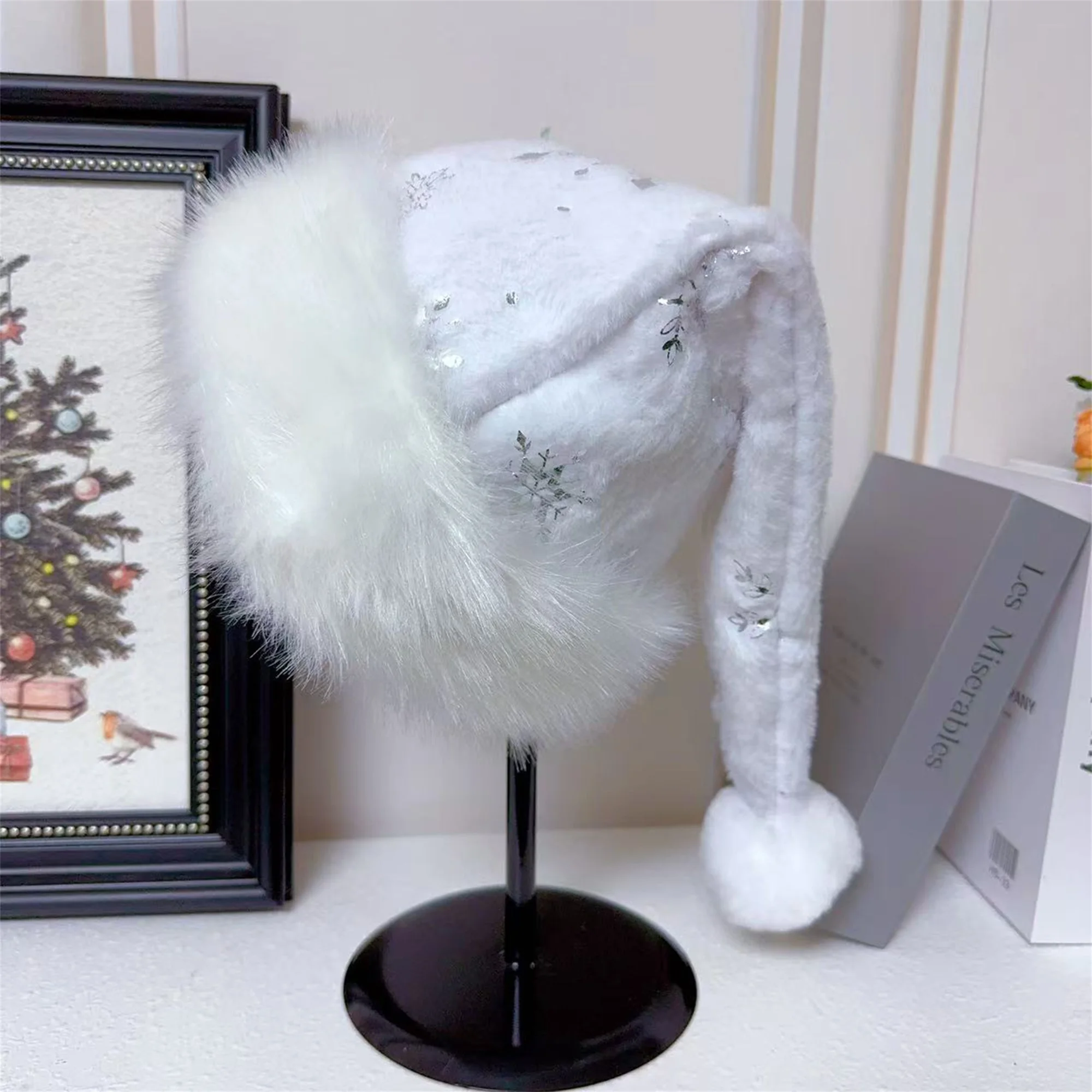 White Plush Christmas Hat with Sequin Snowflakes and Puffy White Trim Warm Santa Cap for Women