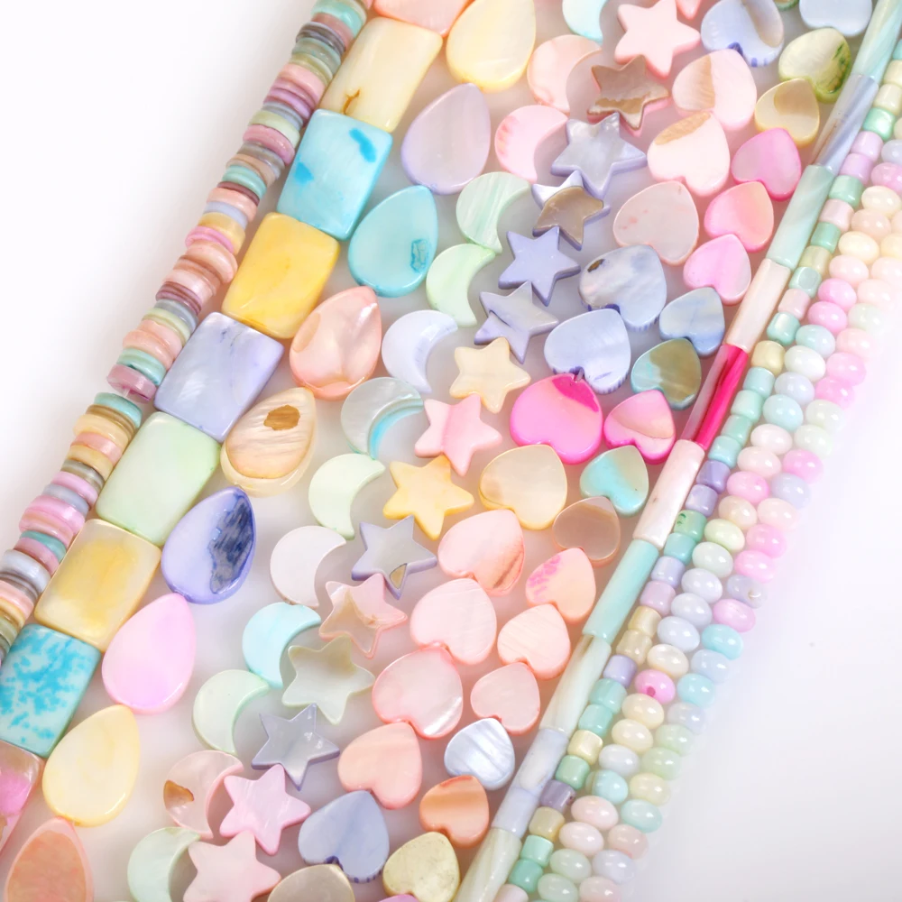 Natürliche Macaron-Muschelperlen, Love Hreat Star, Mondwürfel, flach, rund, lose Distanzperlen, Kunsthandwerk für DIY-Schmuck, Armbandherstellung, 38,1 cm – Detail 5