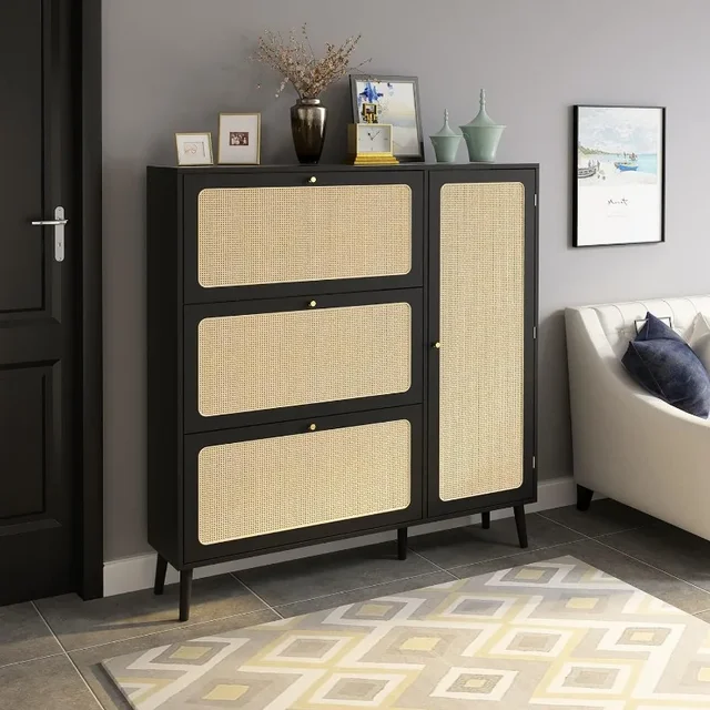 FOKWE Natural Rattan Shoe Cabinet, Shoe Cabinet with 3 Flip Drawers and Storage Shelves, Modern 3-Tier Shoe Rack Storage Cabinet 6