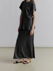 2024 Spring Summer Women Set Elastic Waist A-line Midi Skirt or O-neck Pleated Short Sleeve Tshirt Female Casual Suit