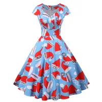 Fashion V-neck Short Sleeve Printed Christmas Dress Large Swing Vintage Elegant Xmas Party Dress - Image 3
