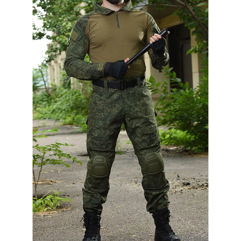 RU Camo Cargo Sets Men Spring Autumn Breathable Long Sleeve T-shirts+Multi-pocket Straight Pants 2 Pcs Suits Combat Tactical Set