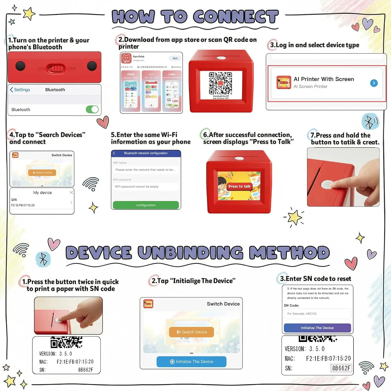 스마트 AI 음성 제어 잉크리스 감열 스티커 프린터 (어린이용 미니 포켓 사진 제작기, 펜 5개, 용지 4개 포함) DIY 공예 장난감 선물