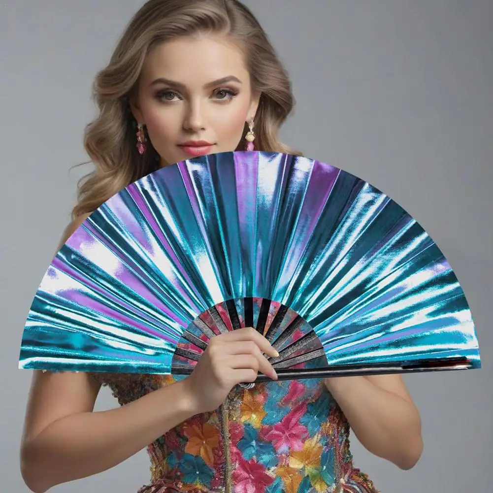 Folding Fan Hand Fan Large Folding Holographic Clack Fans For Line Dancing Laser Colors Hand Rave Fan Fan For Club Party Dance