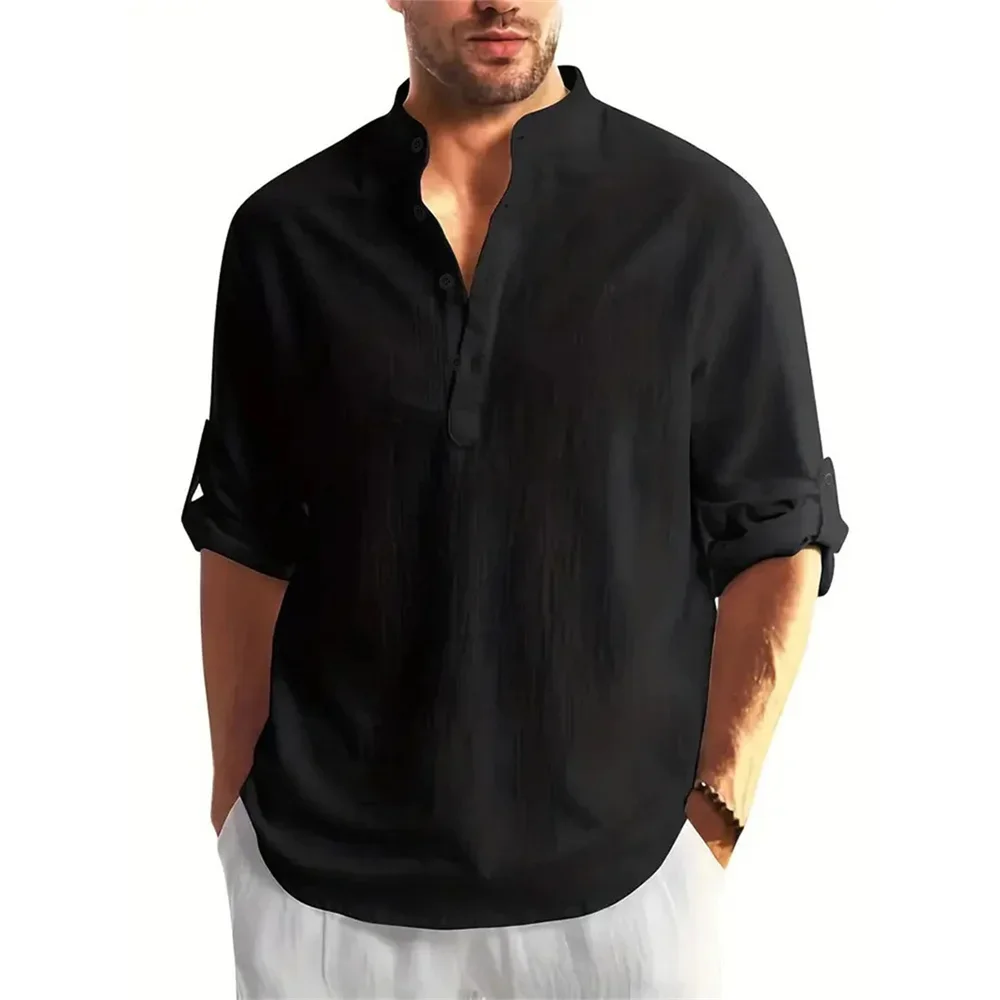 خريف جديد الرجال القطن الكتان كم طويل تي شيرت بلون...