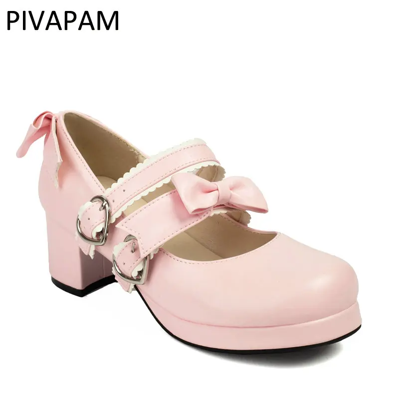 

Pink Mary Jane Shoes Women PU Leather Block High Chunky Heels Platform Pumps Woman Chic Bow Ankle Straps Cosplay Lolita Shoes