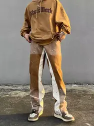 2024 Kanye Splash Ink Vintage Brown Y2K Fashion Baggy Jeans Pants For Men Clothing Patchwork Streetwear Luxury Gothic Trousers