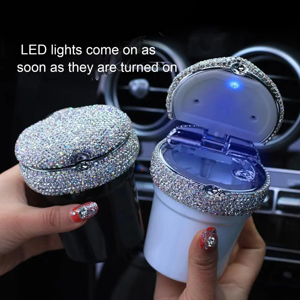 Bandeja para cenizas de coche con tapa, Luz Azul LED, a prueba de olores, diamantes de imitación sin humo, soporte para cubo de basura automático, accesorios interiores de coche