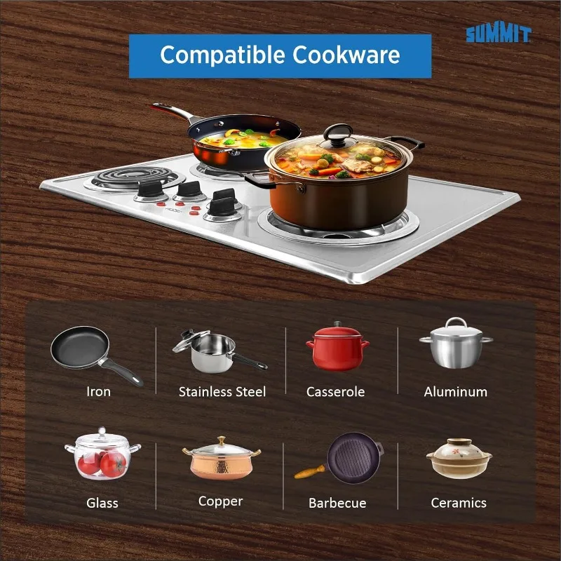 Summit 30" 4 Burner Electric Cooktop, 230 Volt Coil Electric Cooktop, ADA compliant, Stainless Steel- CR430SS 5