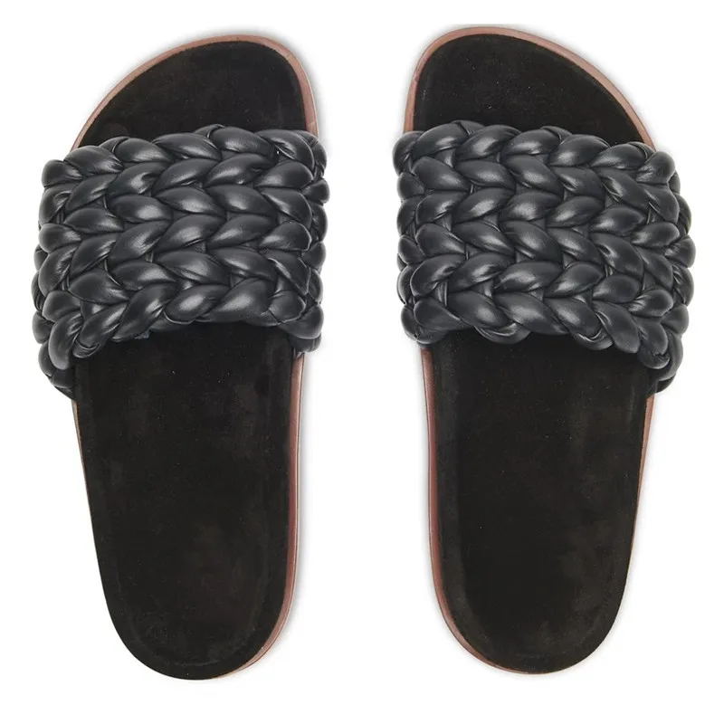 Leather Flat Sandals   Women’s Bohemia Summer Getaway Holiday Vacation Boho Beachwear Slides Bottom Woven Outside Wear Ins Trendy Casual Flip Flops Footwear for trendy Bohemian Woman in black 