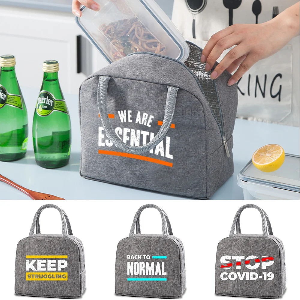 

Women Dinner Thermal Lunch Bags Phrase Printed School Child Canvas Tote Organizer Insulation Box Bag Picnic Food Cooler Handbags