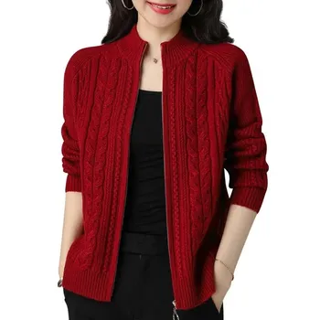2025 Half High Collar Zipper Knitted Cardigan Jacket Women fall New korean Style long Sleeve Cardigans Thicken Sweater Coat