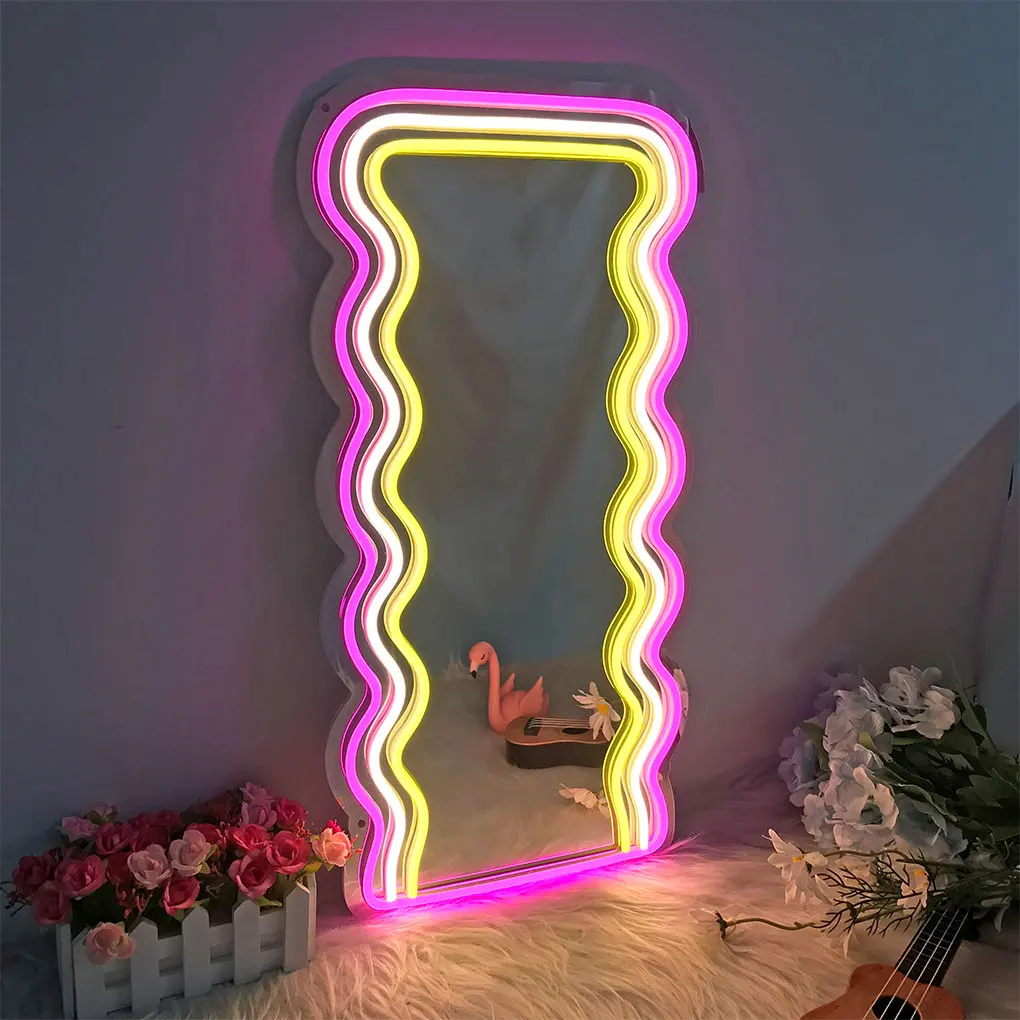 Wavy Mirror with LED Neon Lights LED Cosmetic Make Up Wave Mirror Night Lamp Girls Home Room Decoration Makeup Mirror Lights iwp led neon light custom make your space glow personalized neon led signs neon lamp home room bedside decor birthday gift