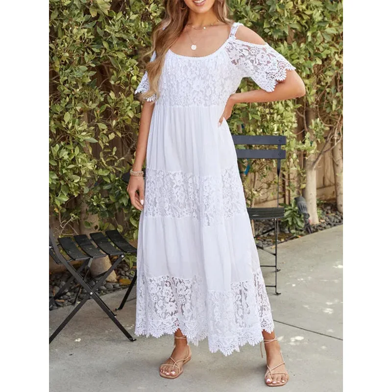 White Lace Beach Dress Women Summer V Neck Hollow Out Boho A-line Dress Fashion Elegant Embroidery Holiday Mini Dresses Vestidos