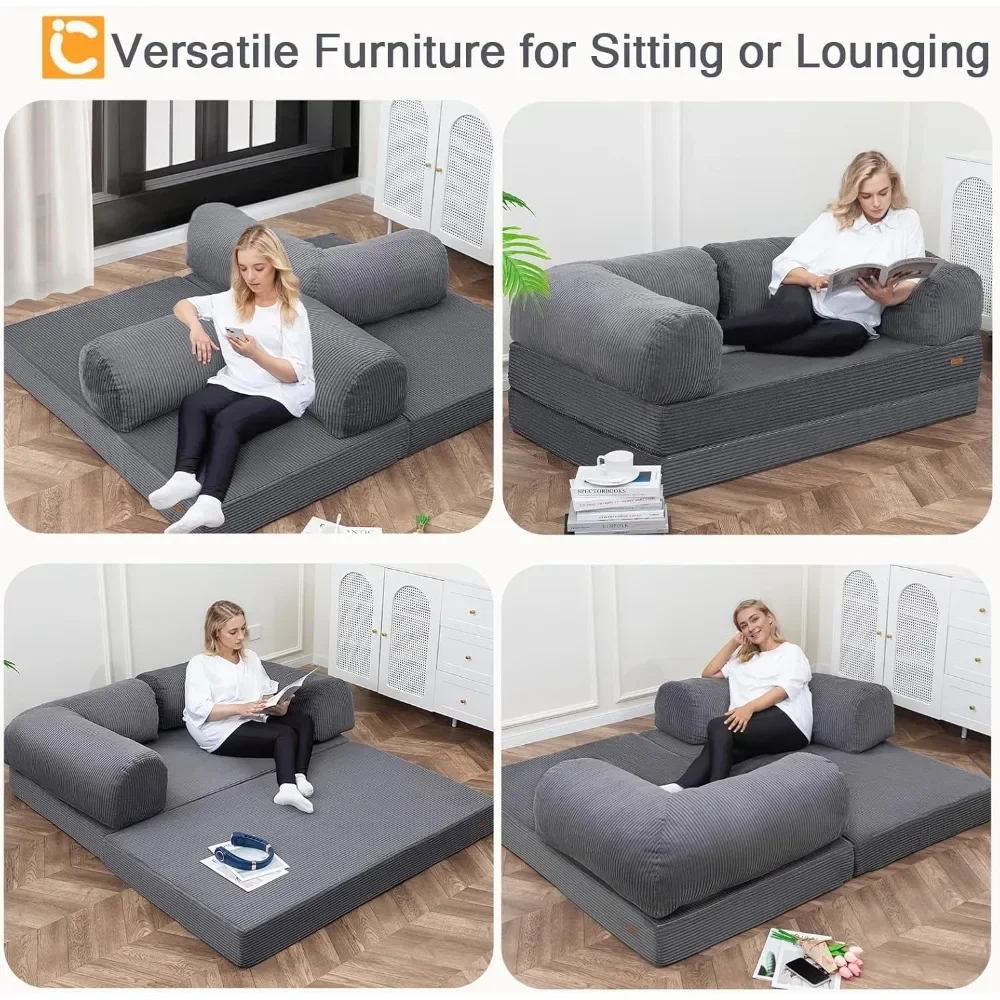 NEW-Futon Sofa Bed, 4-in-1 Floor Foldable Sofa Couch Bed Queen with L-Shaped Armrests, Convertible Folding Chair Bed Sleeper Mat