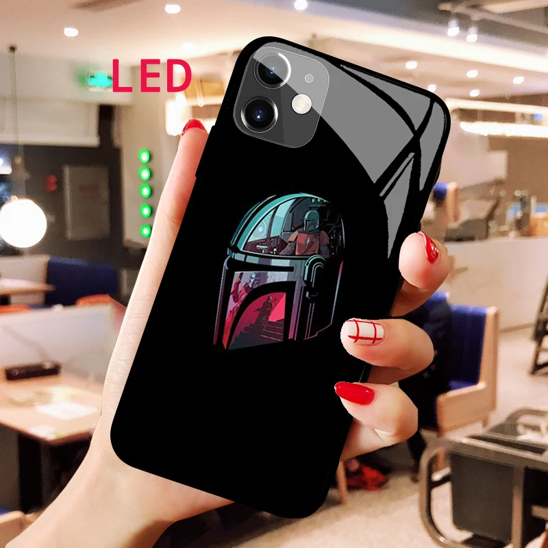 Star Wars Boba Fett Luminous Tempered Glass phone case For Apple iphone 12 11 Pro Max XS mini  Protect LED Backlight Cool cover mercury goospery blue moon leather protective cover for iphone se 2020 se 2022 8 7 4 7 inch wallet shockproof stand protective flip folio cover rose