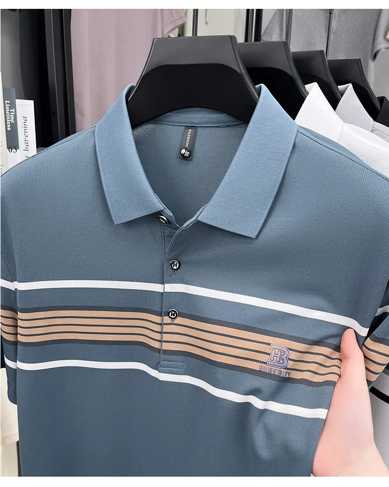 High end brand striped short sleeve polo shirt fashion exquisite letter embossed lapel casual comfortable breathable men T-shirt 14 Sf7bed5242ef743e3adcb44392d5341f4G