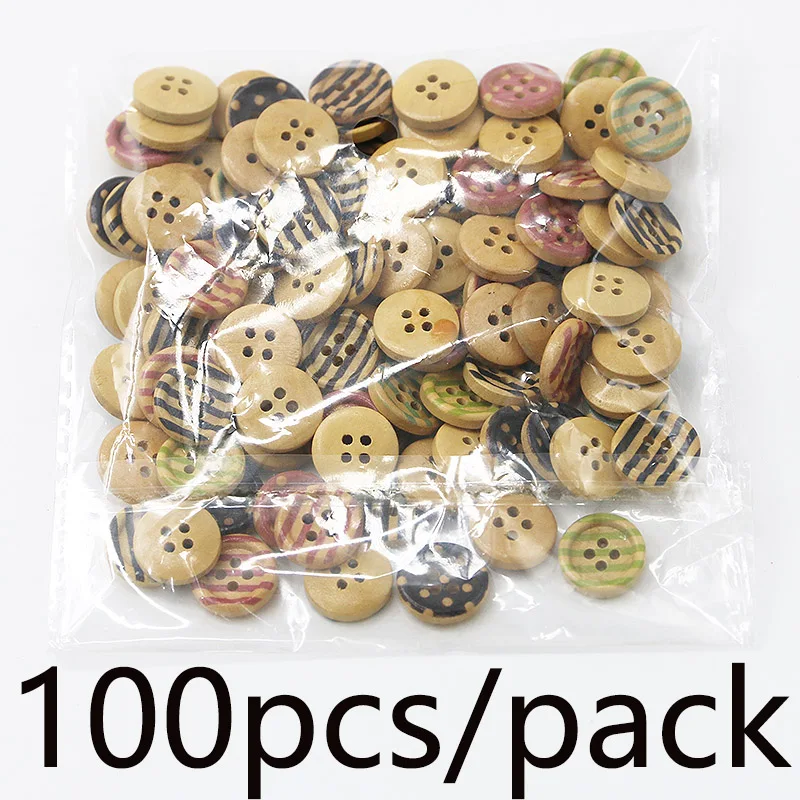 (100 Pieces/bag) 1.5cm 4-hole Painted Striped Button Circular Wooden Handmade DIY Retro Decorative Button