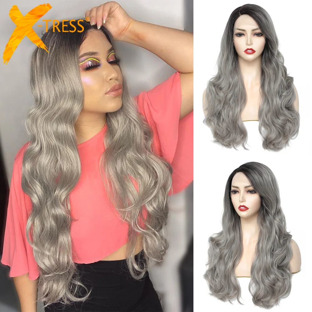 

Synthetic Lace Front Wigs For Women Ombre Grey Colored Long Wave 22" Hair Wig With Natural Hairline Heat Resistant Fiber X-TRESS