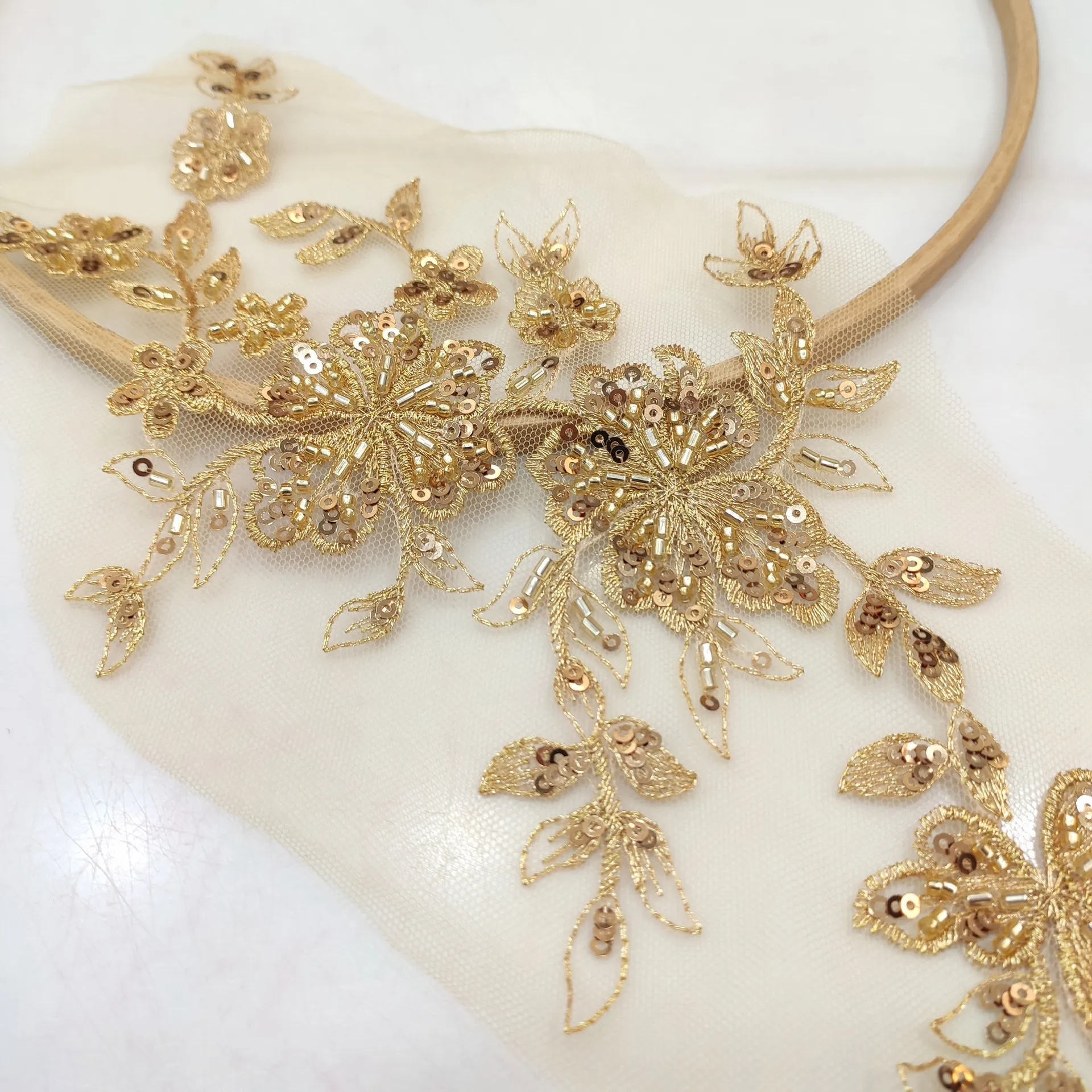 Embroidery Cloth Patches 1Pair Bead embroidery lace sequins embroidery DIY Clothing Decorative Applique