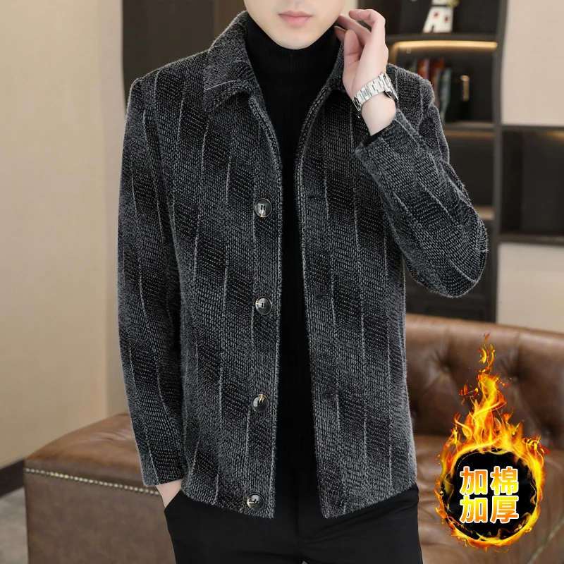 

High-end Fashion Everything Trend Handsome Slim Men's Woolen Coat Short Lapel Jacket Woolen Coat Top Cotton Thick （Winter)