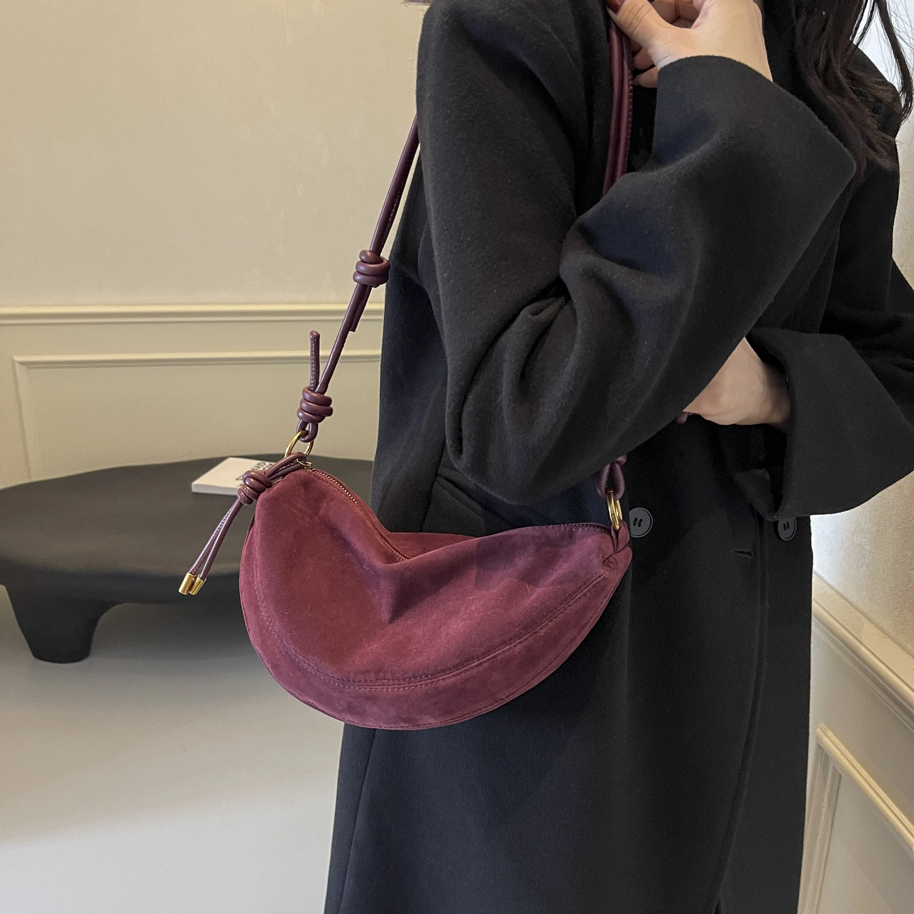 1pc Solid Color Suede Fabric Shoulder Bag For Women, Retro