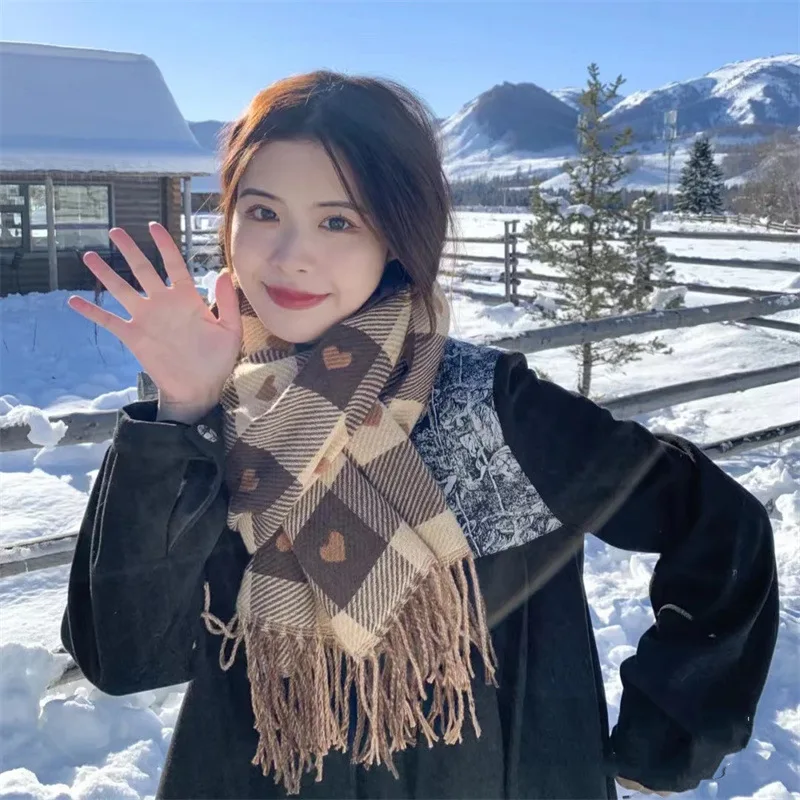 

Korean Love Heart Knitted Scarf Thickened Warm Winter Women's Scarves Plaid Long Tassel Shawls Hijabs Christmas New Year Gifts