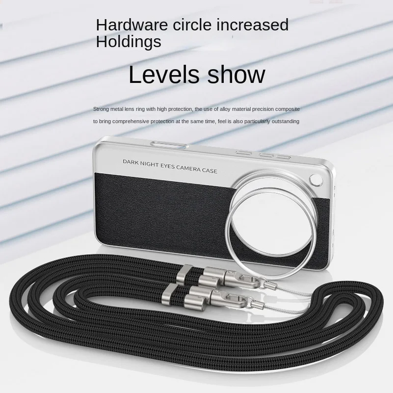 Elegant Plain Leather Case with Long Lanyard Strap and Elevated Lens Protection