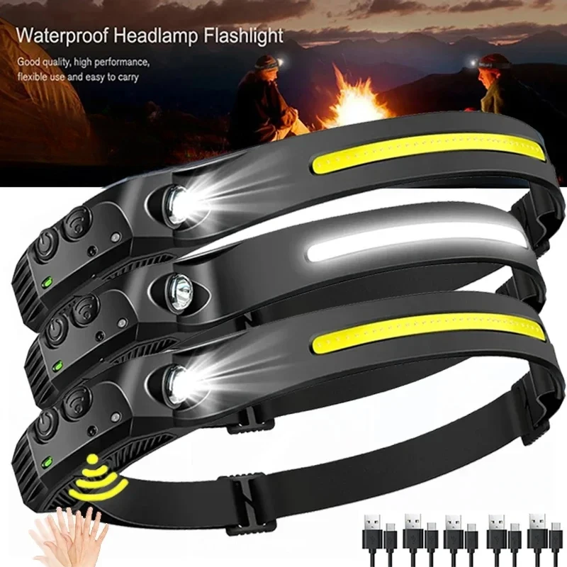 

NEW Headlamp USB Rechargeable LED Sensor Headlight XPE+COB Torch Camping Waterproof Flashlight for Fishing Lantern 1/2/3/5/8Pack