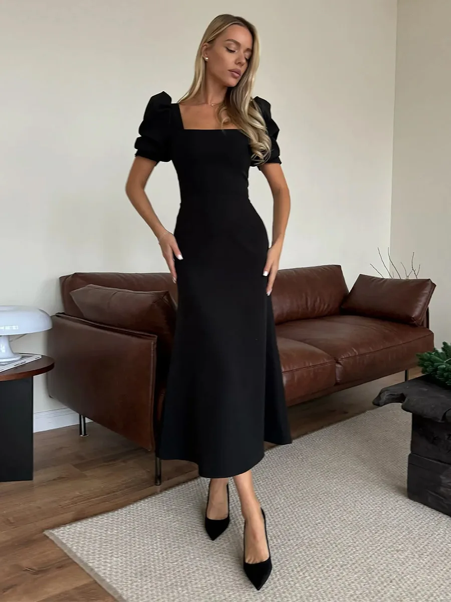 Bornladies Women's 2026 Summer New Square Neck Short Sleeve Dress Elegant Fitted Slim Puff Sleeve Midi Dress
