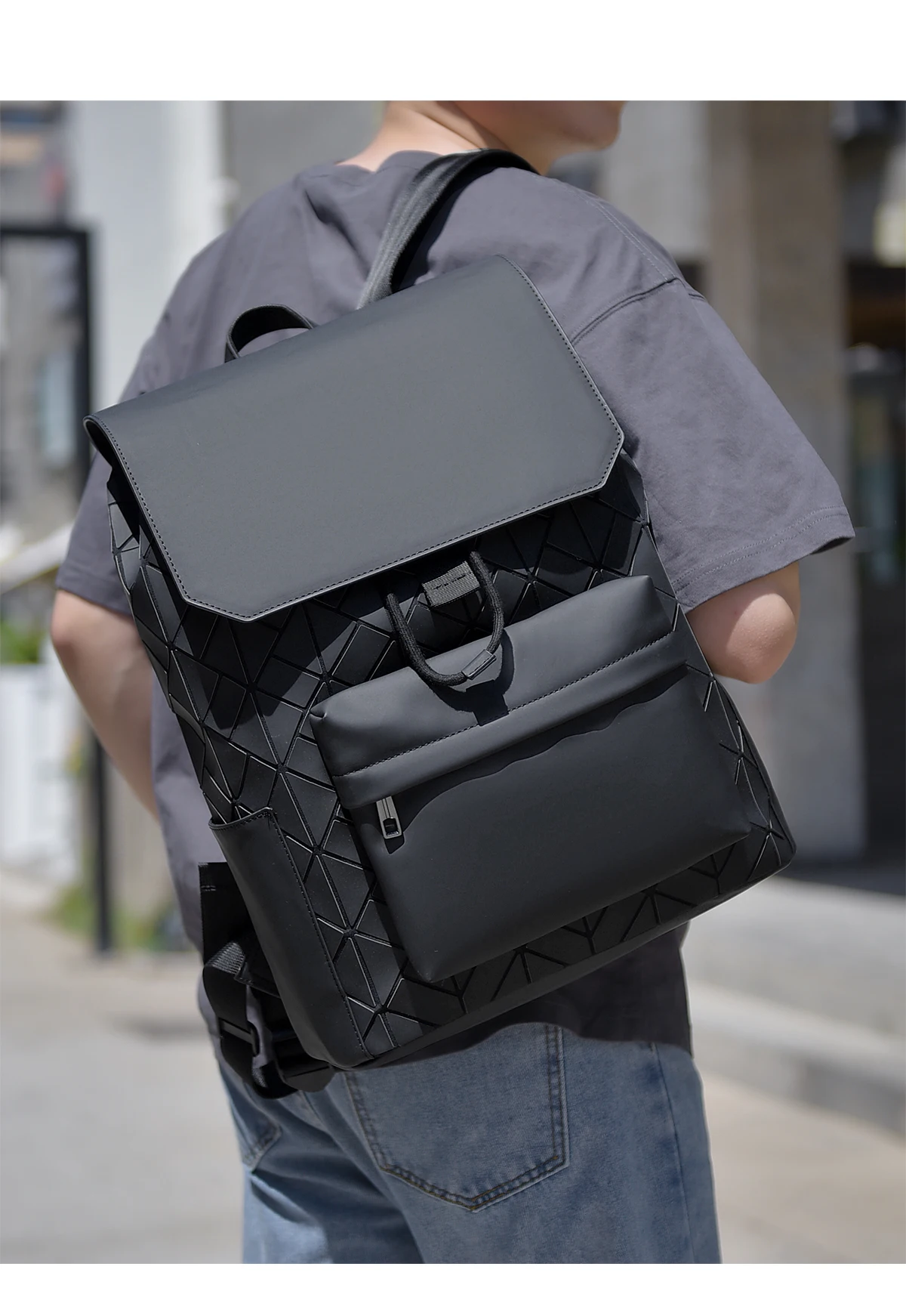 Schillernder geometrischer Herrenrucksack, wasserabweisender, trendiger Rucksack, Freizeittasche mit mehreren Taschen – Detail 18