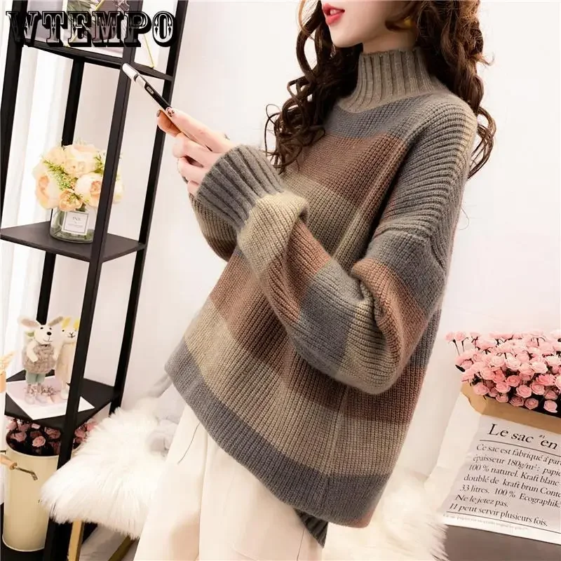 

WTEMPO Women's Long Sleeve Mid Long Sweater Fall Winter Striped Knitwear Loose Korean Style Colorblock Pullover Knitted Jumper